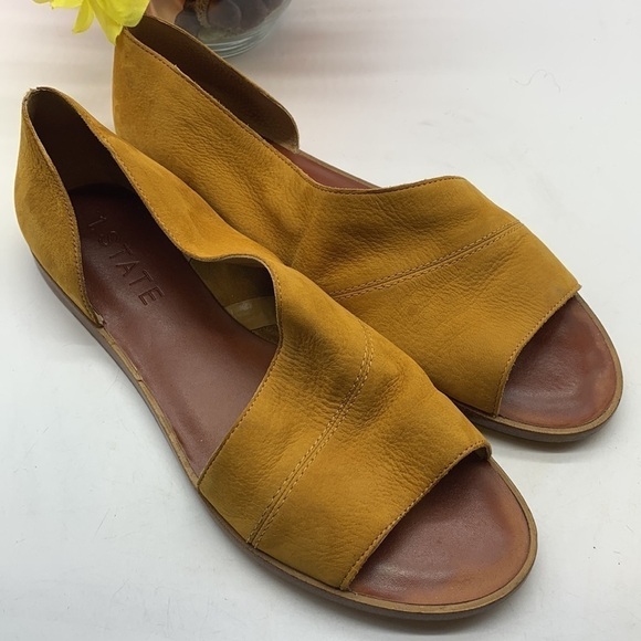 1.State Celvin Mustard Colored Leather Peep Toe Flat Sandals size 10. MCS0702D - Picture 2 of 7